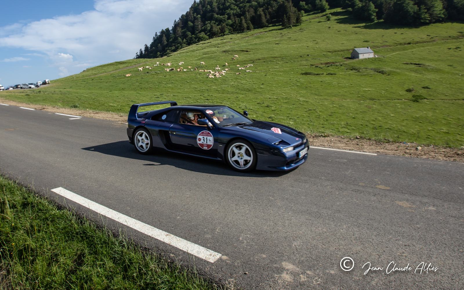 Voiture de sport bleu nuit dans un col, au milieu des pâturages